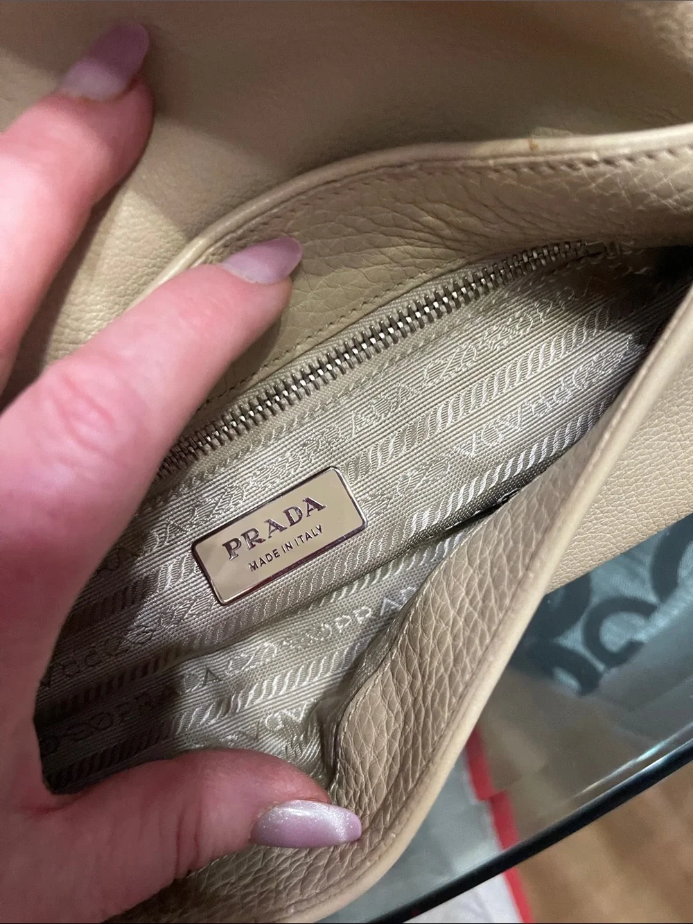 Prada Taupe Pebbled Leather Vitello Daino Bar Bag